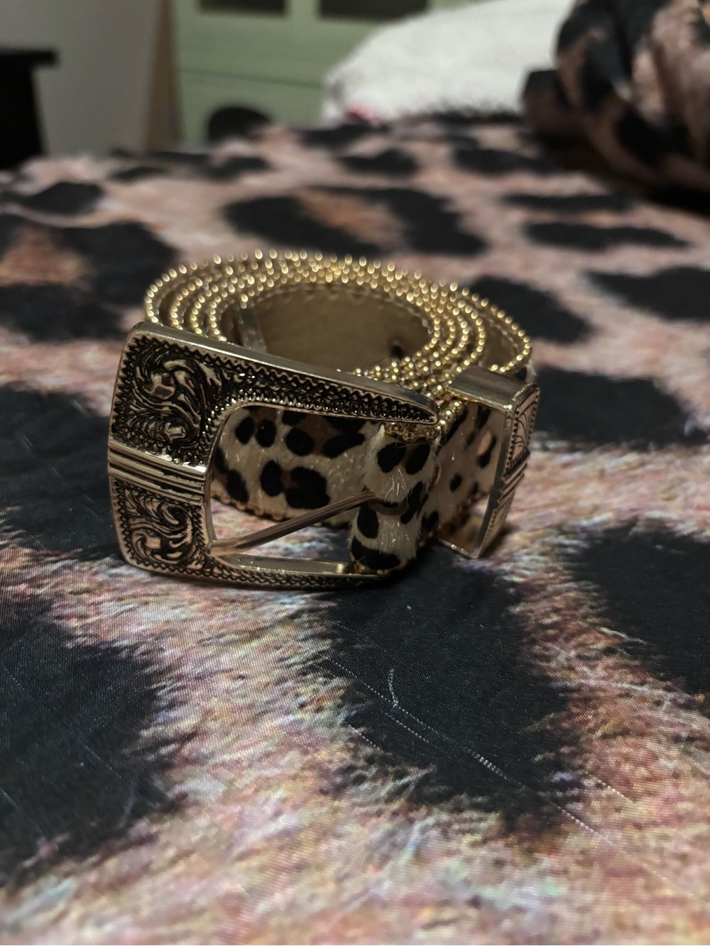 Leopard Print Faux Fur Belt with Gold Buckle